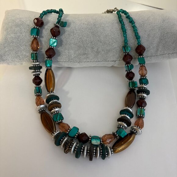 Multicolor Beaded Necklace Teal Brown Silver Tones Boho Fashion Jewelry - Picture 3 of 7